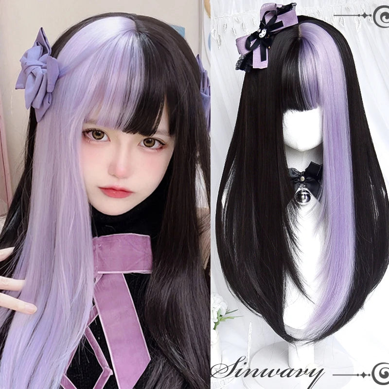 Ombre Pink Brown Wig for Women Cute Lolita Hair Wig with Bangs High Temperature Fibers Synthetic Wigs Headband Wigs for Cosplay