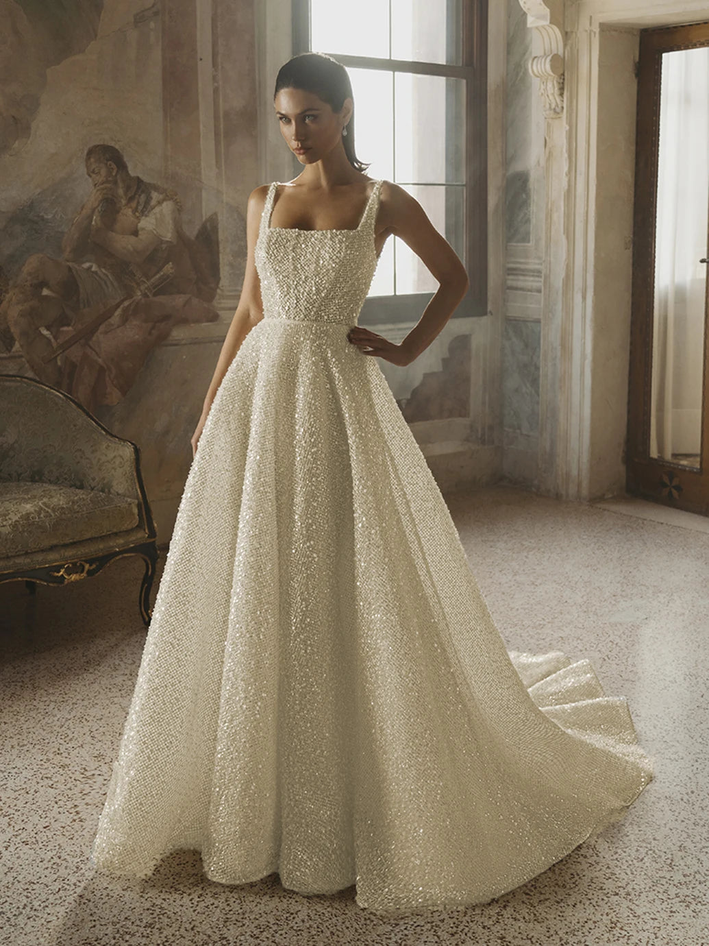 Customized Glitter Bling Bling Wedding Dress Spaghetti Straps Sequins Bridal Gown Sexy Sparkling Party Dress