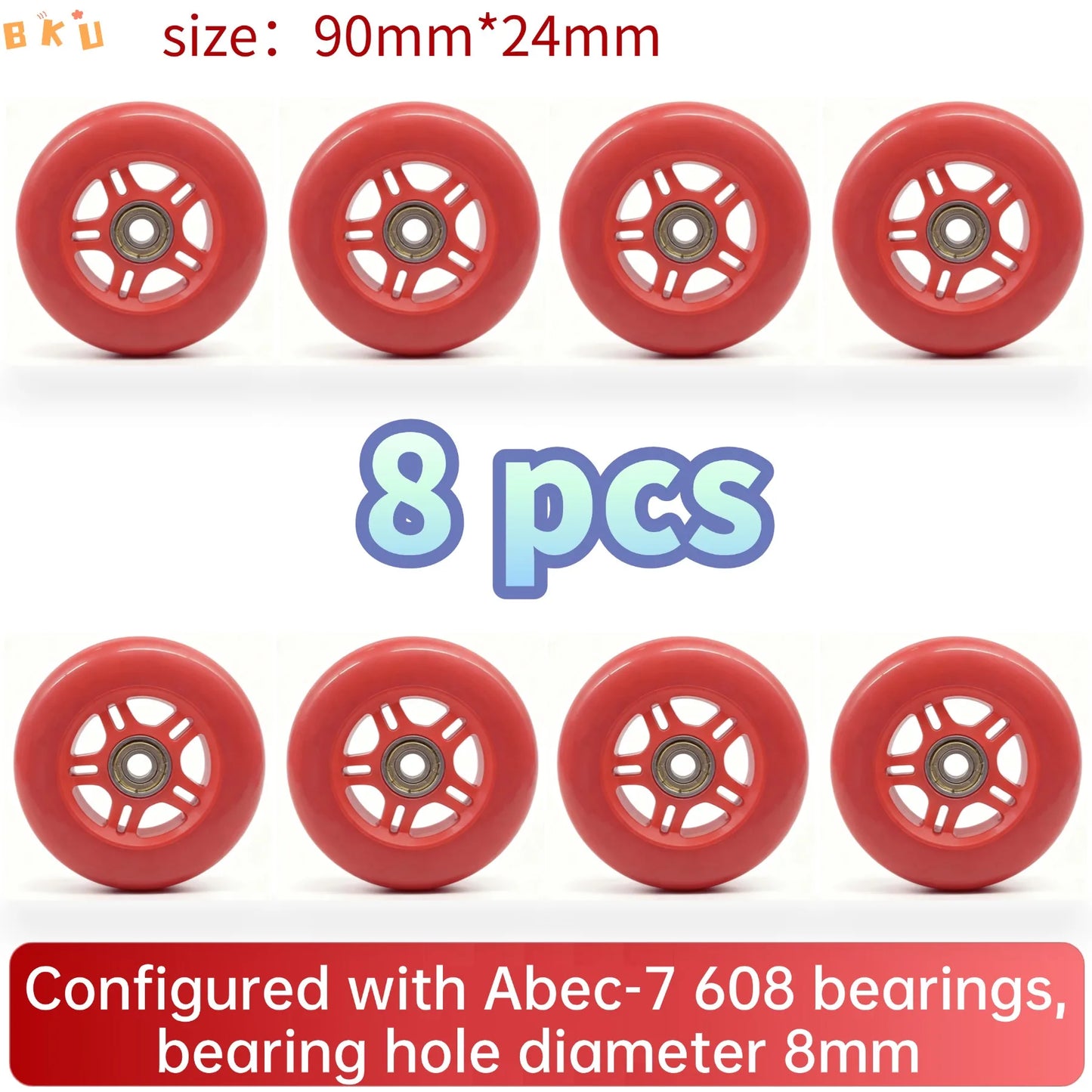 8pcs Universal 90mm PU Wheels for Inline Skates Luggage Stroller with ABEC-7 608 Bearings 12 Color Variants 8mm Inner Hole