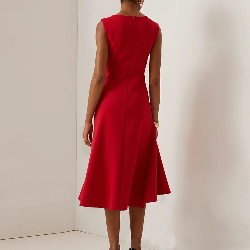 Sexy Women Elegant O Neck Solid Commute Knot Slim Ruffled Irregular Summer Sleeveless A-Line Hight Split Wedding Party Dresses