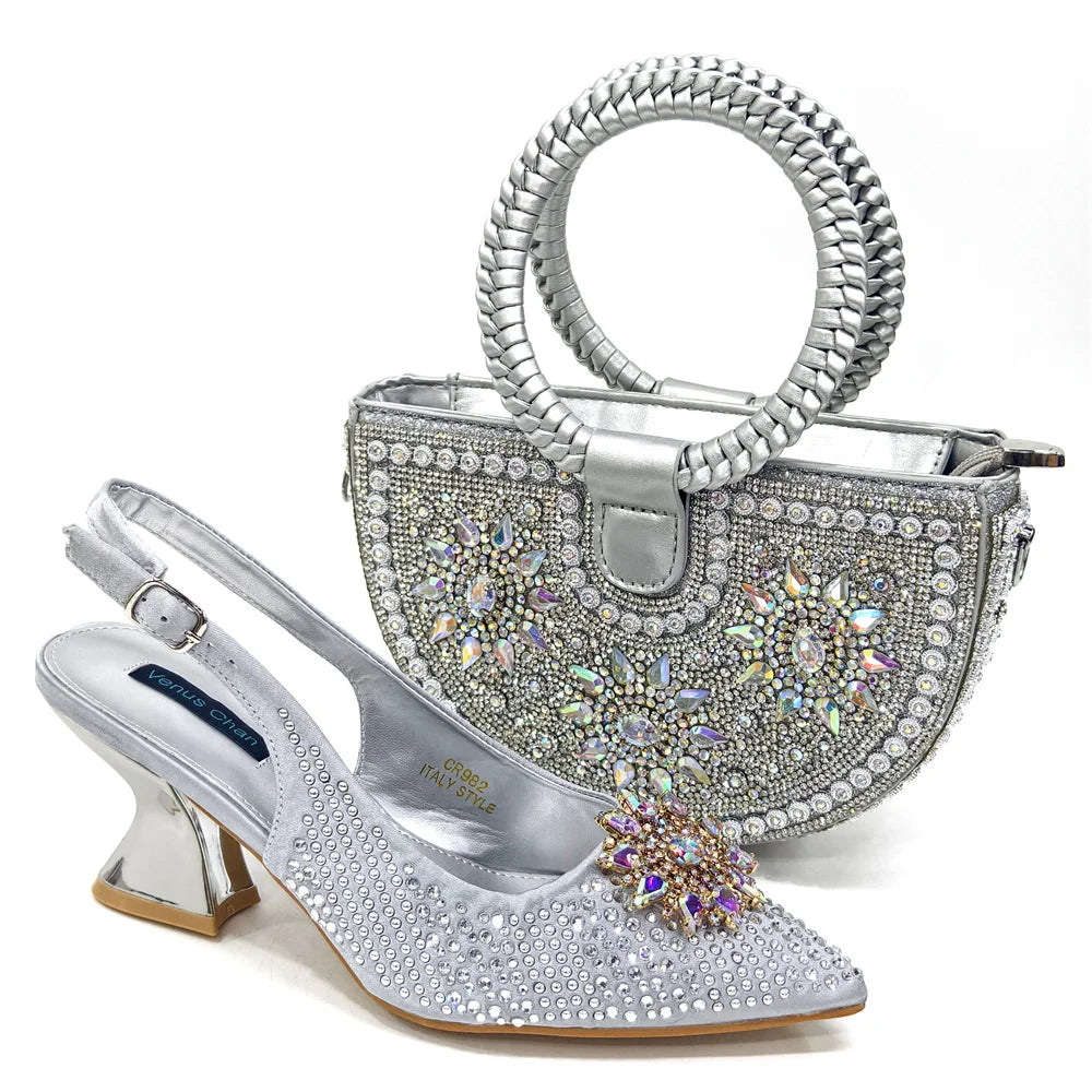 2024 New Designer Specials Italian Women Heels Shoes and Bag Set Royal Purple Color Comfortable With Rhinestone for Party