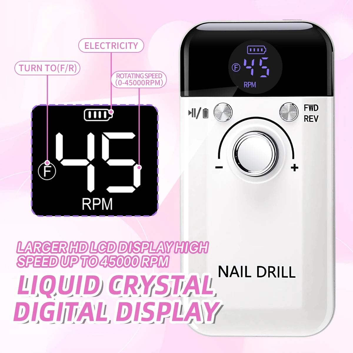 45000RPM Electric Nail Drill Machine With LCD Display Rechargeable Portable Nail File Set for Gel Nails Polish Nail Art Tools