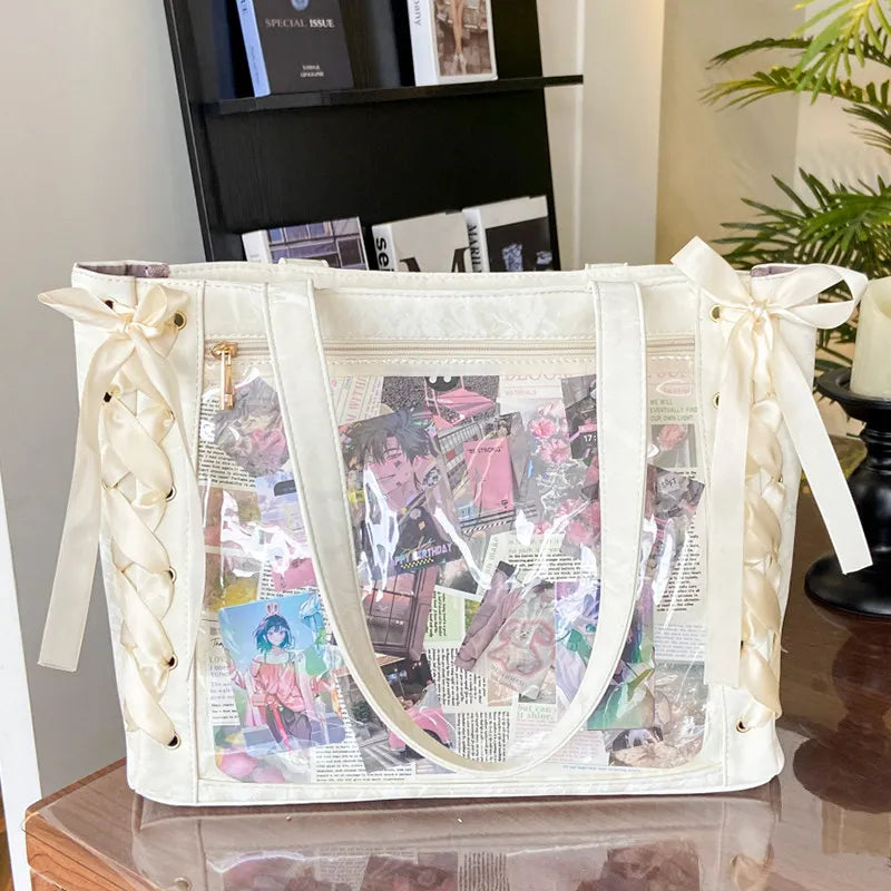 New Y2K Ribbon Bow Japanese Ita Shoulder Bag Cute Girl Transparent Pocket Large Capacity Crossbody Tote Bag DIY Display Handbags