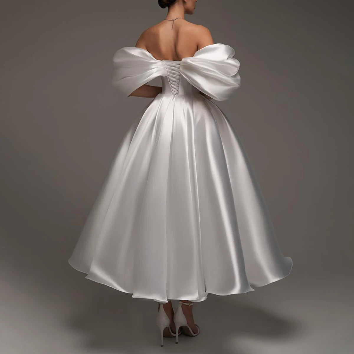 Simple Teal Length Off Shoulder Wedding Dresses Vestidos Novia Satin Ball Gown For Bride Pleated Puffy Bridal Gown For Women