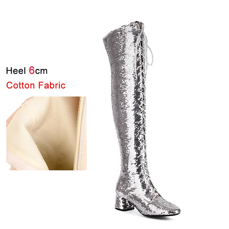 Glitter Bling Boots Women Over the knee Chunk High Heels Zipper Lace-Up Runway Lady Shoes Large Size Thigh High Boots Size 46