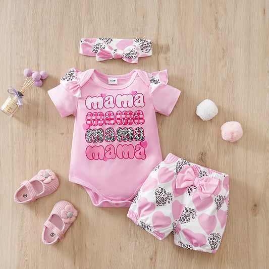 Mother's Day Themed Baby Short-Sleeved 3-Piece Set for Girls (0-18 Months), Pink Hearts and Bow Design