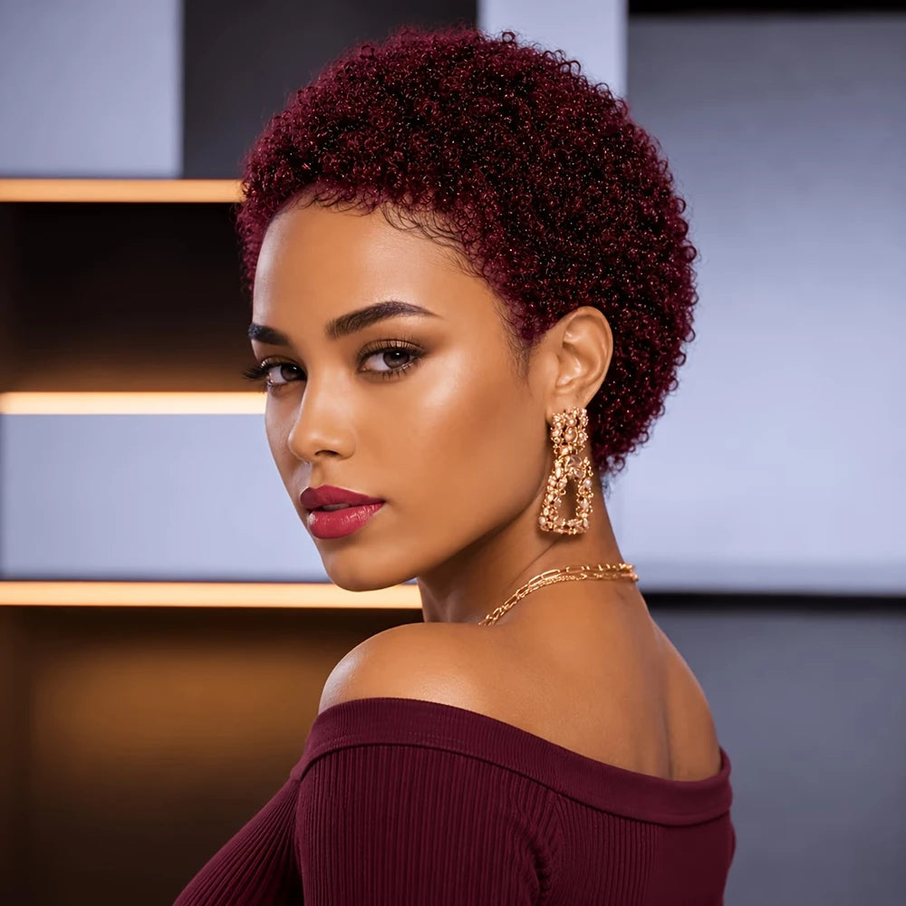 Short Kinky Curly Wigs Pixie Cut Wigs Human Hair for Women Bazilian Hair Machine Made Cap Natural Black/Brown/Burgundy Color Wig