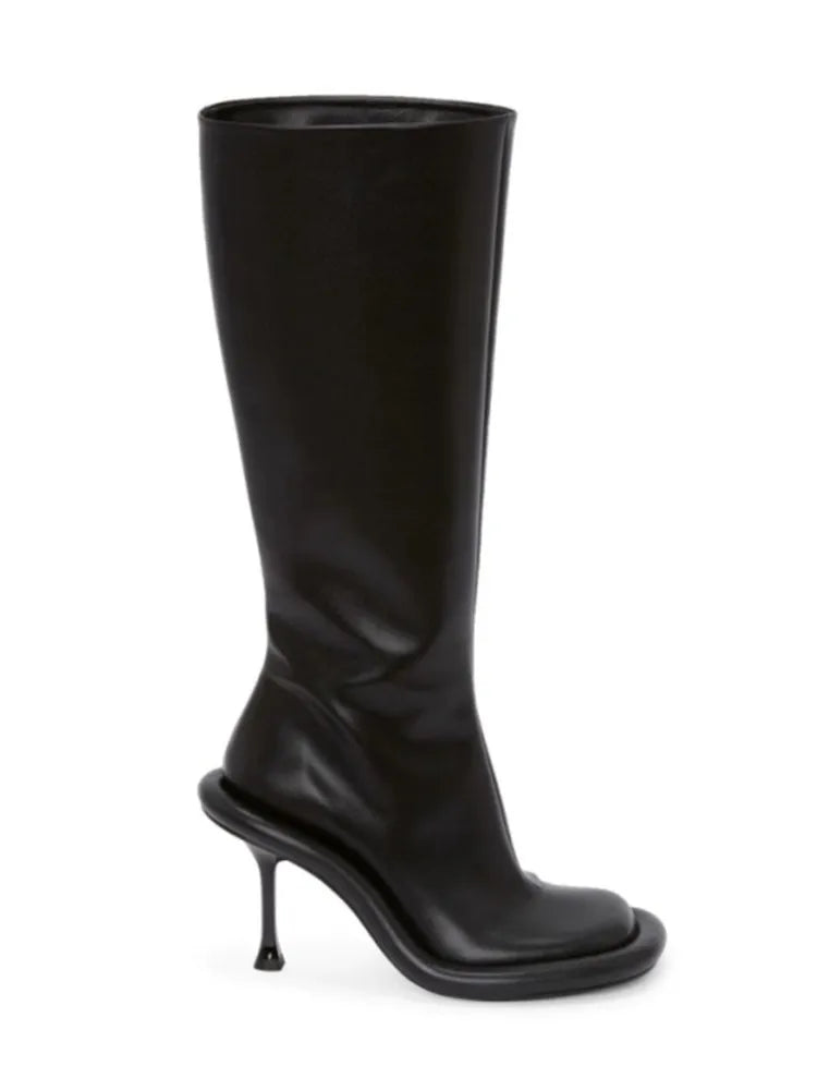 2025Women's New Slim High-heeled Knee High Boots with Side Zipper Round Toe 34-43 Large Mid Length Boots