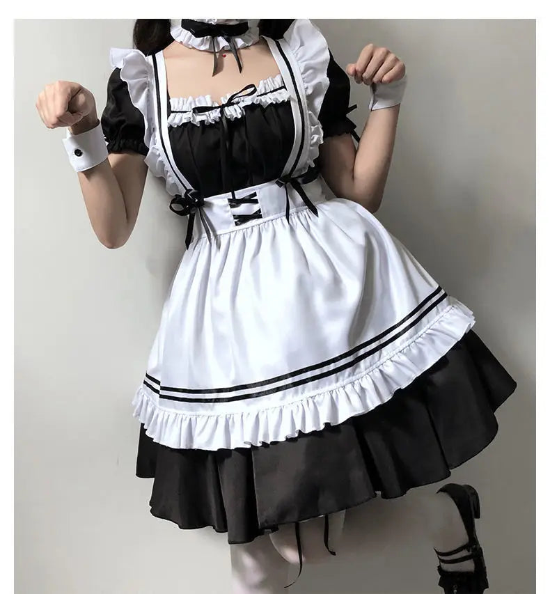 Halloween Maid Set Waiter's Cute Dress Men's Women's Costume Big Character Black and White Style Plus Size Short Sleeved Dress