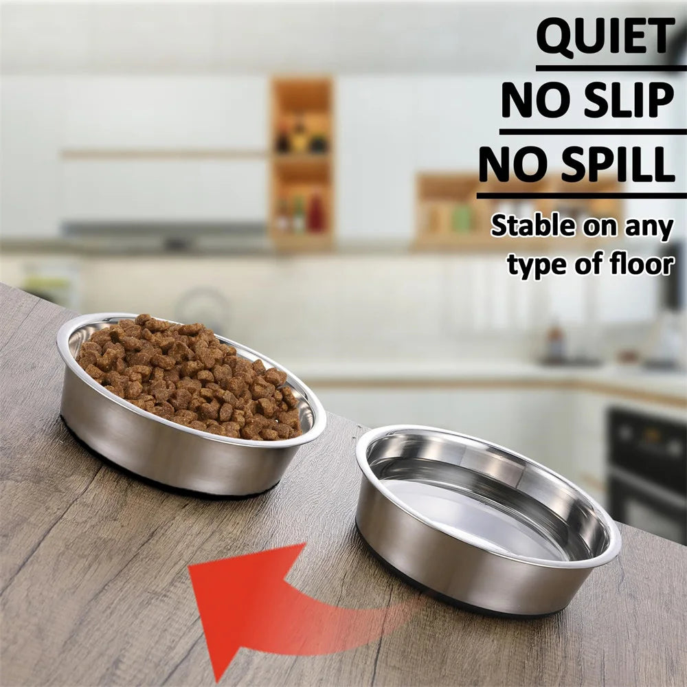 Stainless steel dog bowl, available in three sizes, with a silicone non-slip base, suitable for small, medium, and large dogs
