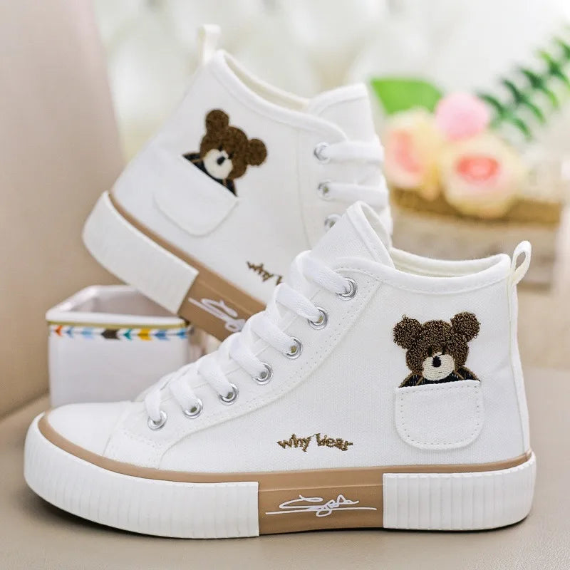 2025 Spring High Top Canvas Sneakers Women Thick Bottom White Shoes Women Casual Board Shoes Canvas Vulcanize Shoes Female