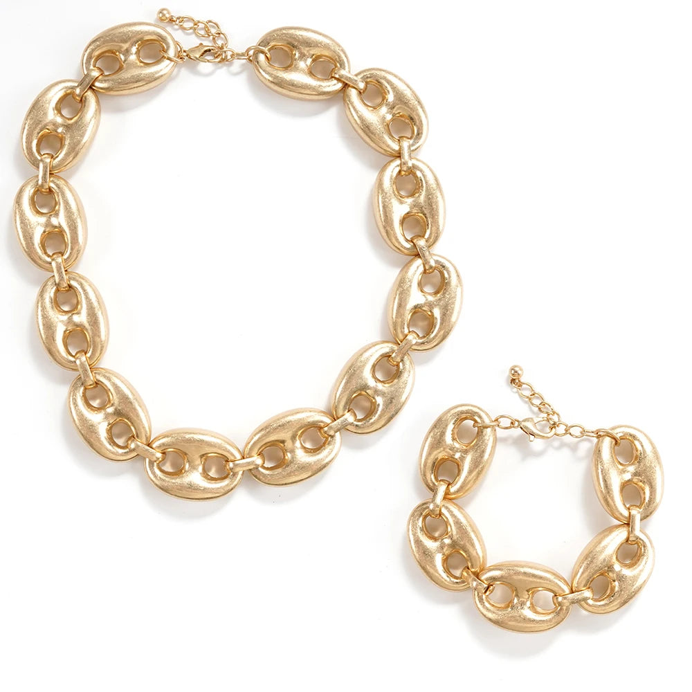 Contemporary Textured Mariner Chain Jewelry Set Polished Gold Tone Necklace And Bracelet Statement Jewelry For Womens Minimalist