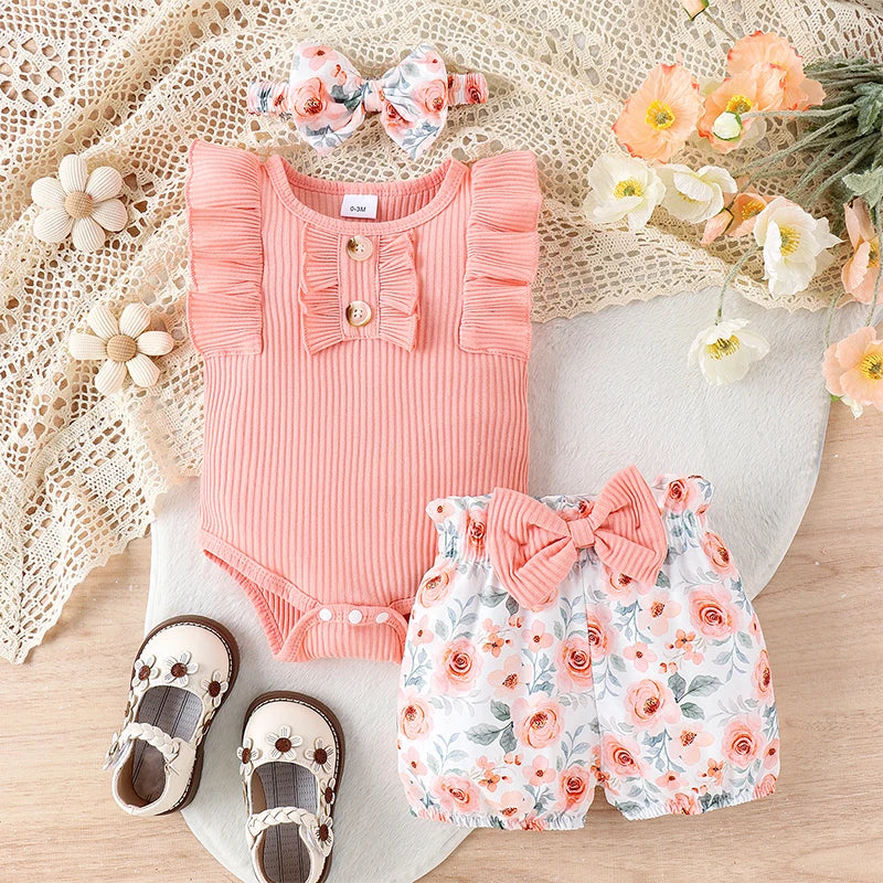 Baby Girl Summer Set Sleeveless Frill Trim Ribbed Romper Elastic Waist Shorts Bow Headband Infant Toddler 3 Piece Outfit