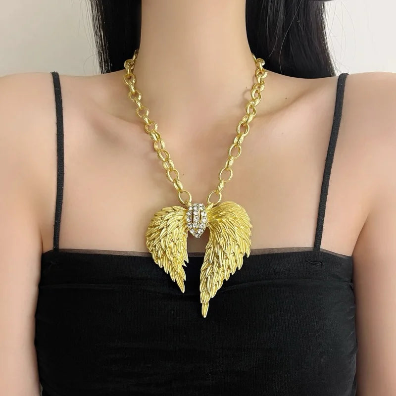 Luxury Gold Angel Wing Choker Necklace Vintage Crystal Inlaid Statement Collar for Women Wedding Evening Party