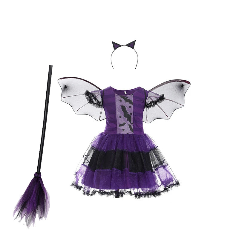 5 Styles Halloween Costume for Kids Girls Purple Bat Dress Halloween Fantasy Vampire Costume with Hat Broom Pumpkin Belt Set