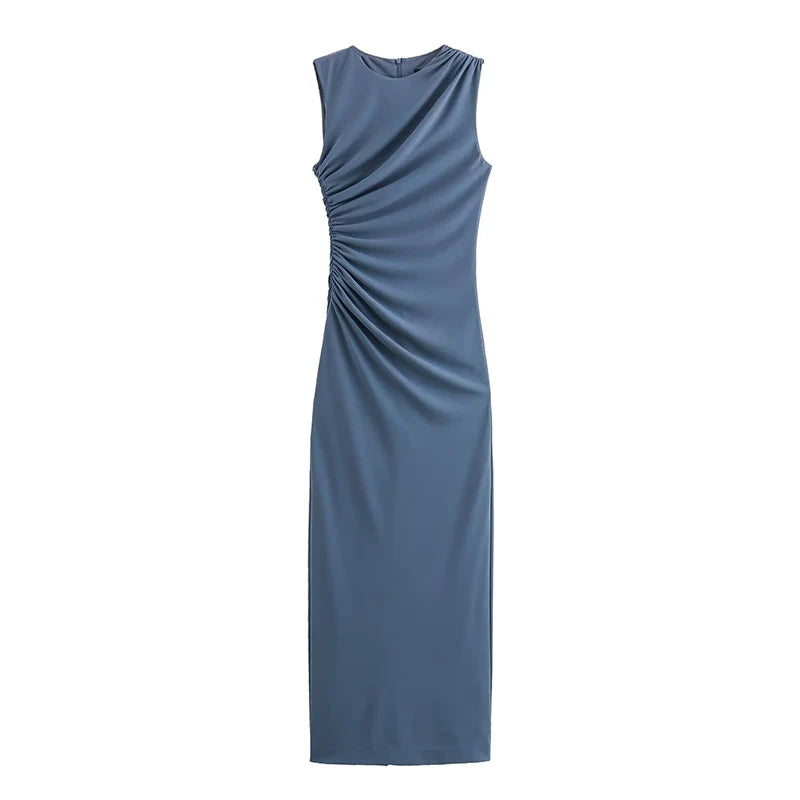 Autumn O-Neck Sleeveless Mesh Pleated Midi Dress Women Back Zipper Decoration Slim Vest Dress Female Sexy Elegant Wear 2025 New