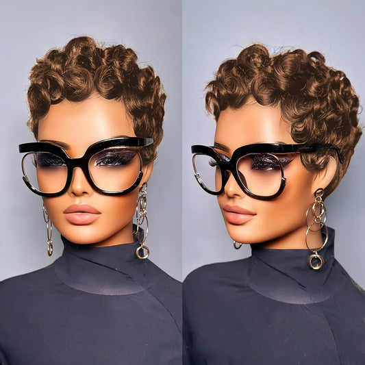 4# Short Pixie Curly Wigs Human Hair Chocolate Brown Chic Short Pixie Cut Human Hair Wig With Bangs Full Machine Made Wigs