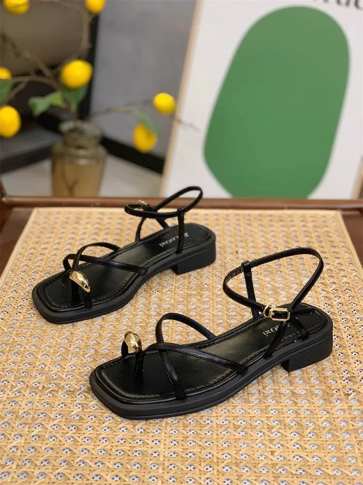 Sandals Women 2024 Summer New Fashion Square Toe Roman Shoes Simple Fairy Strap Women Shoes Flat Casual Shoe Sandalias De Mujer