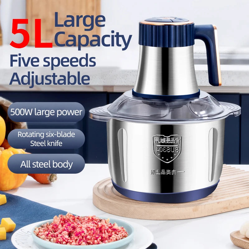 5L Home Electric Stainless Steel Meat Grinder 500W Powerful Vegetable Fruit Food Processor Chopper Slicer Food Grinder