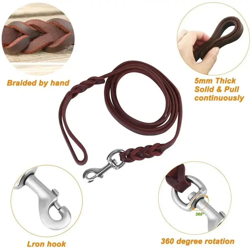 Handmade Genuine Leather Braided Dog Leash Heavy-Duty Training Lead with Metal Hook for Medium/Large Pets Dog Collar
