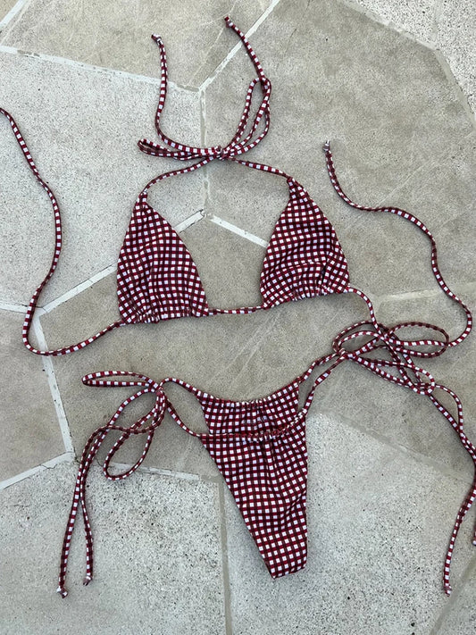 2025 New Sexy Low Waisted Bikini Set Swimsuit Swimwear Women Strappy Print Brazilian Halter Thong Beachwear Bathing Suit biquini