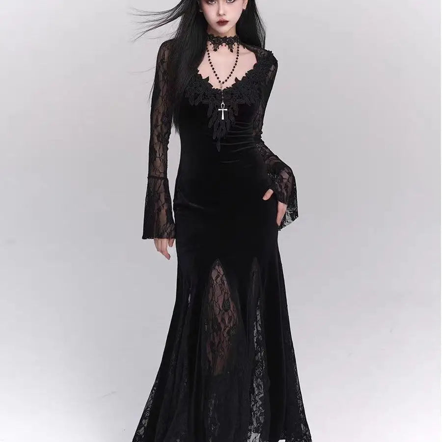 Winter Gothic Black Midi Dress Women Lace Veil Cross Decor Long Sleeve Slim-Fit Party Dress Female Halloween Cosplay Outfit 2025