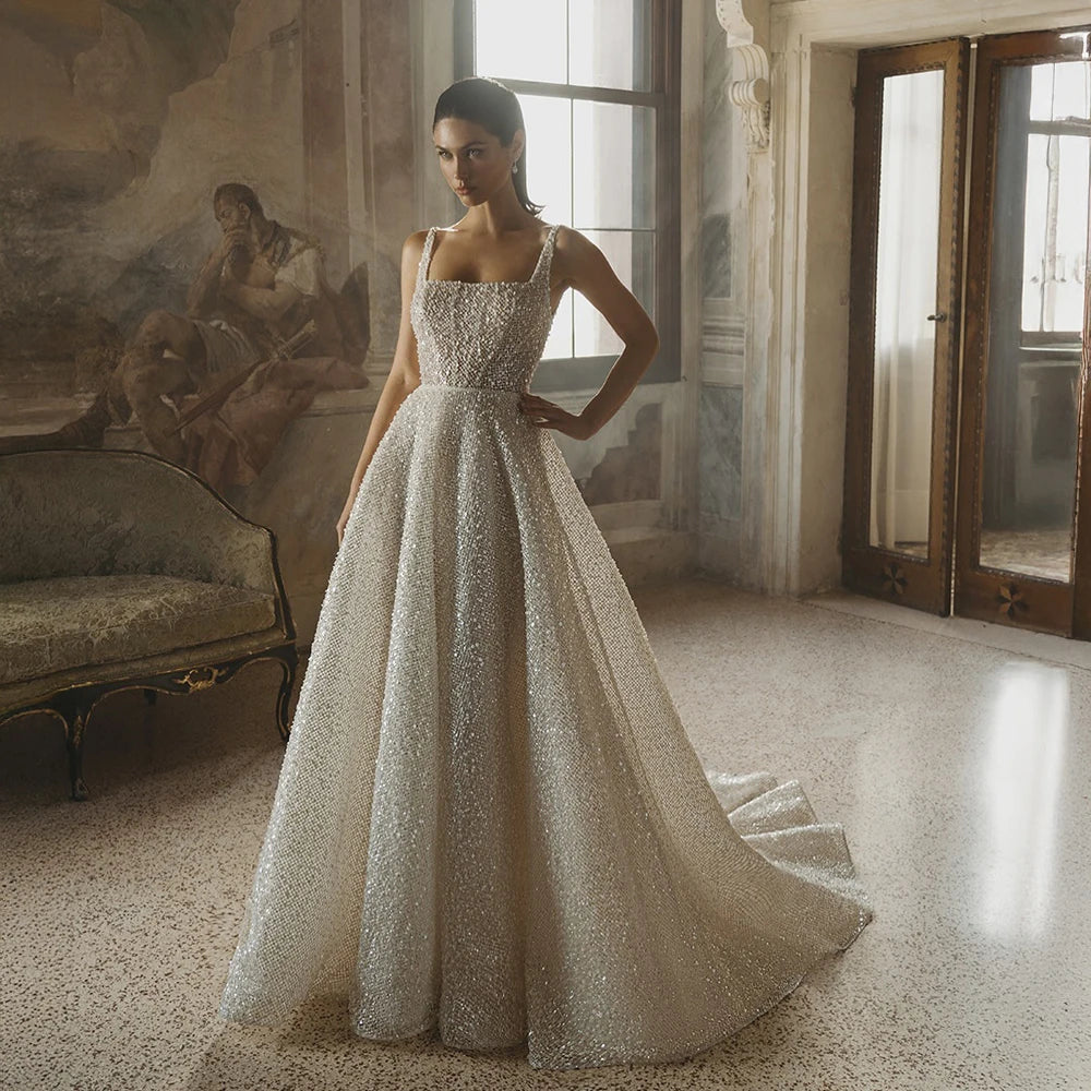 Customized Glitter Bling Bling Wedding Dress Spaghetti Straps Sequins Bridal Gown Sexy Sparkling Party Dress