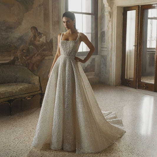 Customized Glitter Bling Bling Wedding Dress Spaghetti Straps Sequins Bridal Gown Sexy Sparkling Party Dress