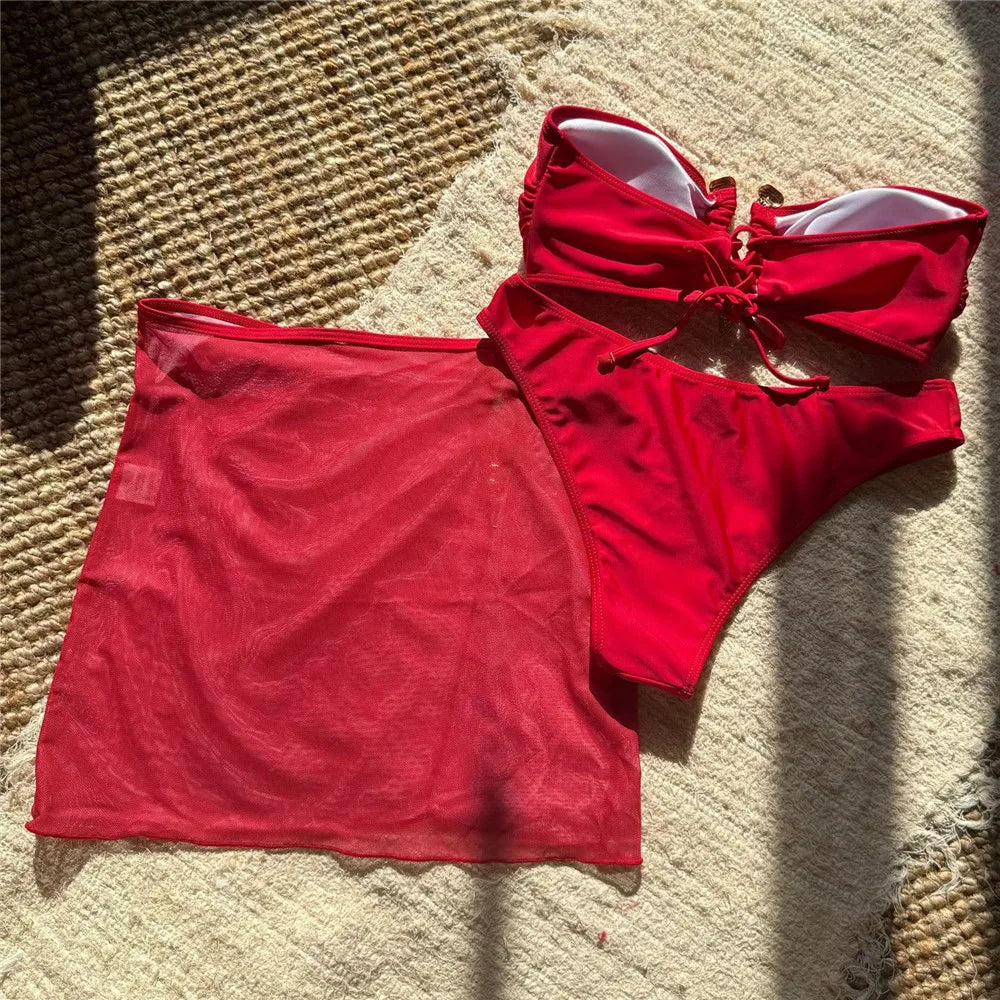 Metal Buckled Bandeau Black Bikinis Sets 3 Pieces Skirts Cover Ups Sexy Swimsuit Women 2026 Holiday Solid Swimwears Bikini Dames