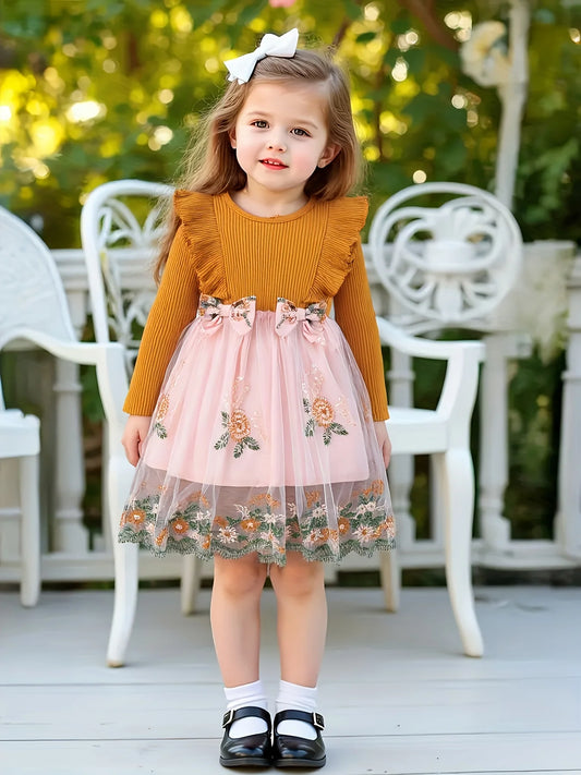 Summer Infant Toddler Girl round Neck Bow Tie Decoration Mesh Color Block Long Sleeve Casual Dress for Babies And Toddlers