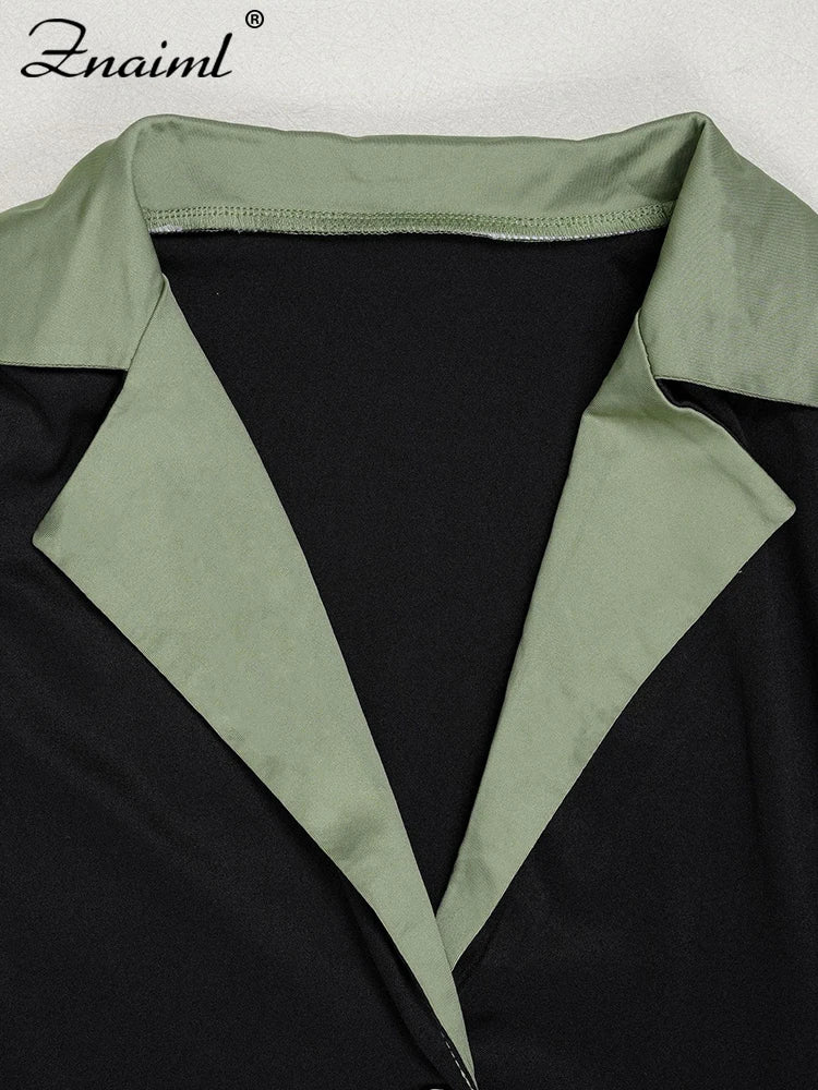 Znaiml Autumn Women's Patchwork Green Button Lapel V-neck A-line Long Sleeve Office Lady Dress Elegant Birthday Party Prom Gowns