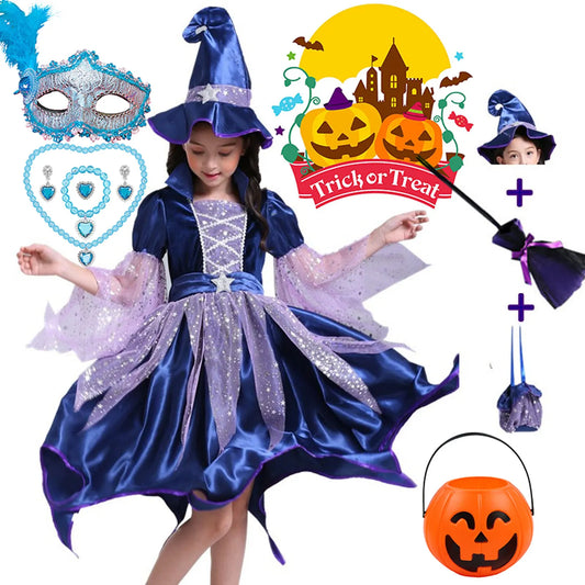 2026 Halloween Blue Witch Costume for Girls with Witch Hat Wand Bag Accessory Set  2-12T Girl Role Play Party Dress Vestidos