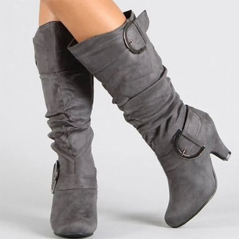 Women's Boots Mid Calf New Fashionable Bohemian Boots Square Heel European and American Belt Buckle Metal Decoration Women Shoes