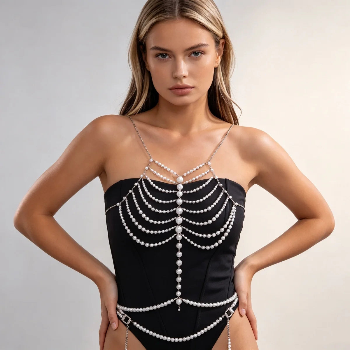 Elegant Simulated Pearl Beaded Halter Waist Chest Chain For Women Summer Beach Club Party Pearl Beads Body Chain Body Jewelry