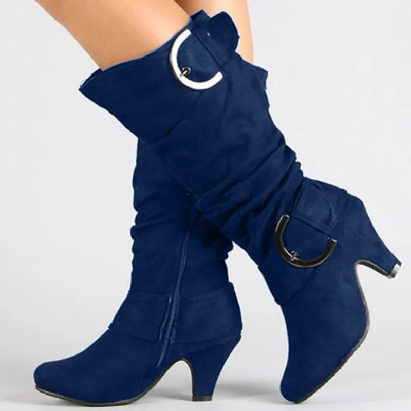 Women's Boots Mid Calf New Fashionable Bohemian Boots Square Heel European and American Belt Buckle Metal Decoration Women Shoes