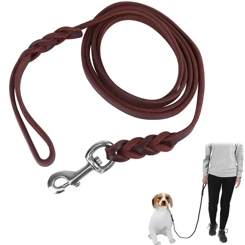 Handmade Genuine Leather Braided Dog Leash Heavy-Duty Training Lead with Metal Hook for Medium/Large Pets Dog Collar