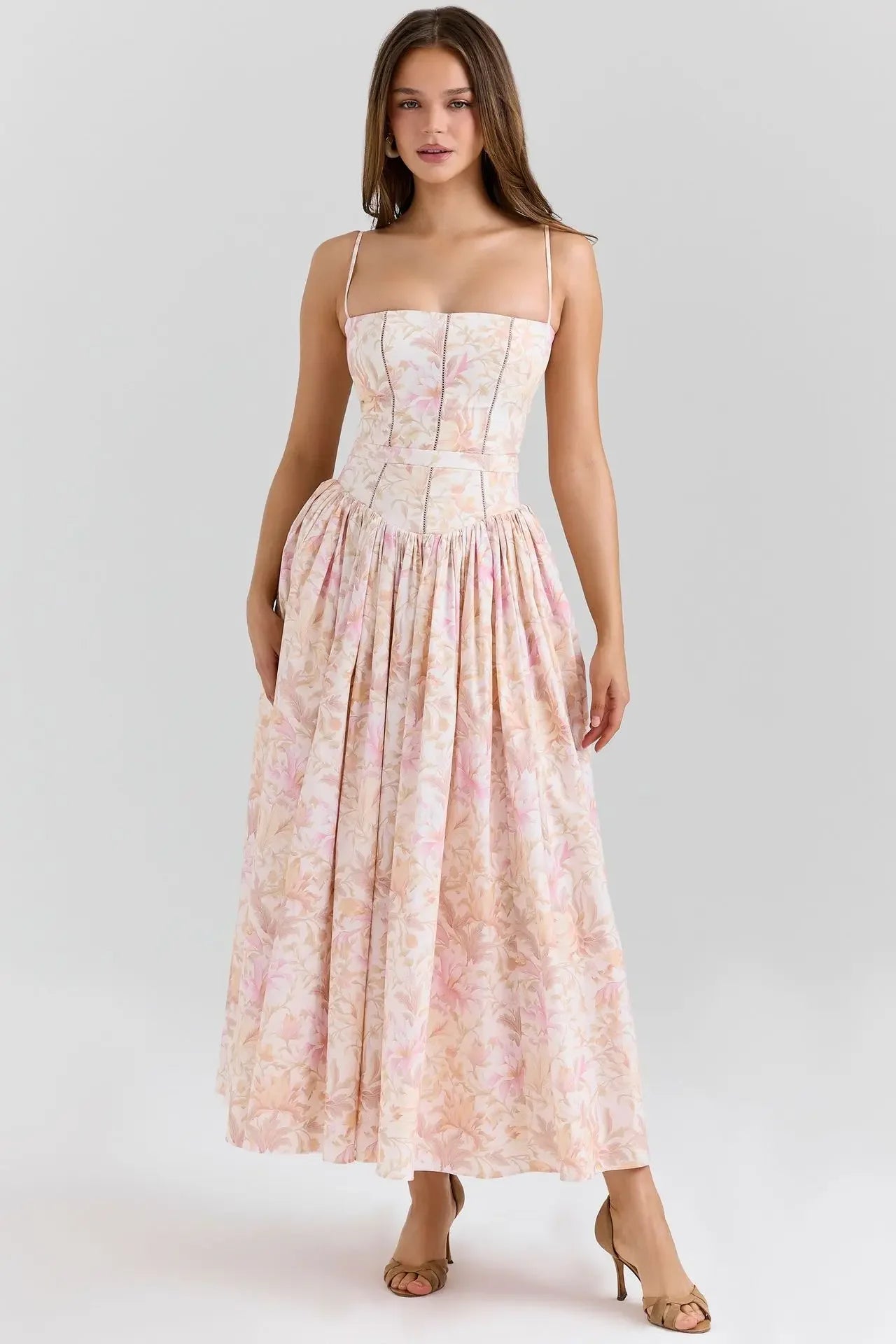 Elegant Fairylike French Style Gentle Floral Print Strapless Midi Dress Slimming Women's Fashion High End Feeling Dress