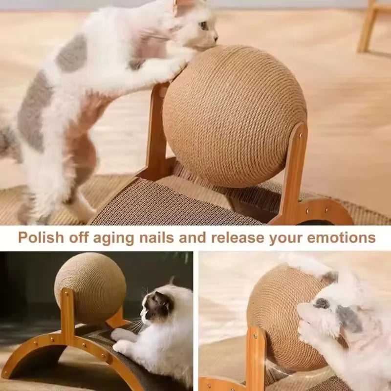 2 In 1 Cat Scratching Ball Wooden Cat Scratcher Sisal Scratch Board Wear-Resistant Grinding Paw Toy Solid Wood Scraper for Cats