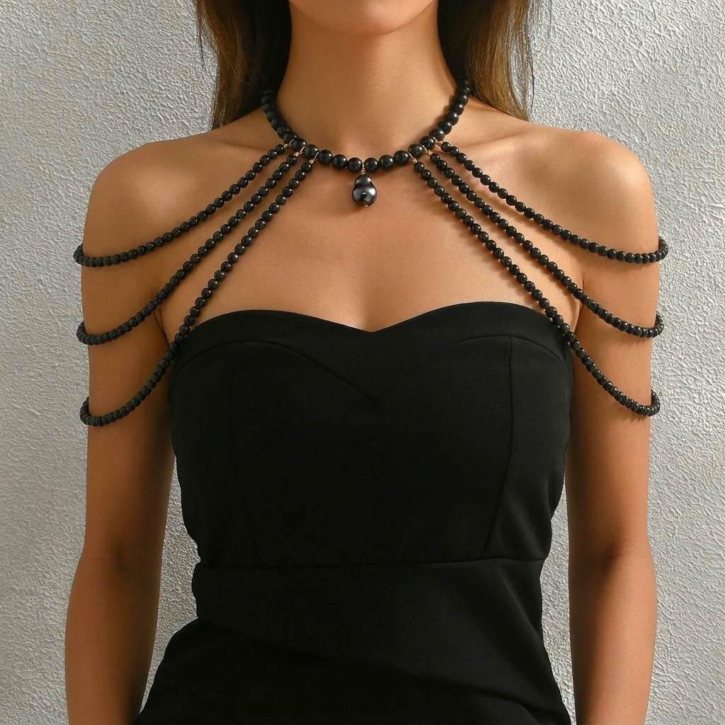 Sexy Imitation Pearl Body Chain for Women Multilayer Pearl Rice Beads Chain Shoulder Sweater Long Chain Party Wedding Jewelry