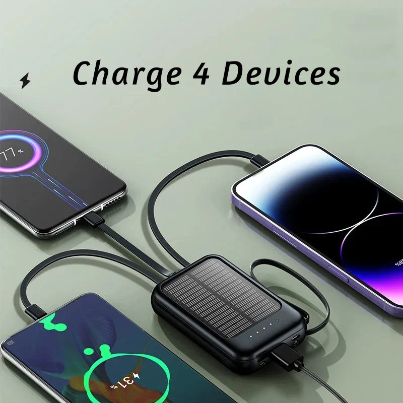 50000mAh High Capacity Solar Power Bank Built in Cable Solar Charger 2-USB Ports External Charger Power Bank LED Light 2026 New