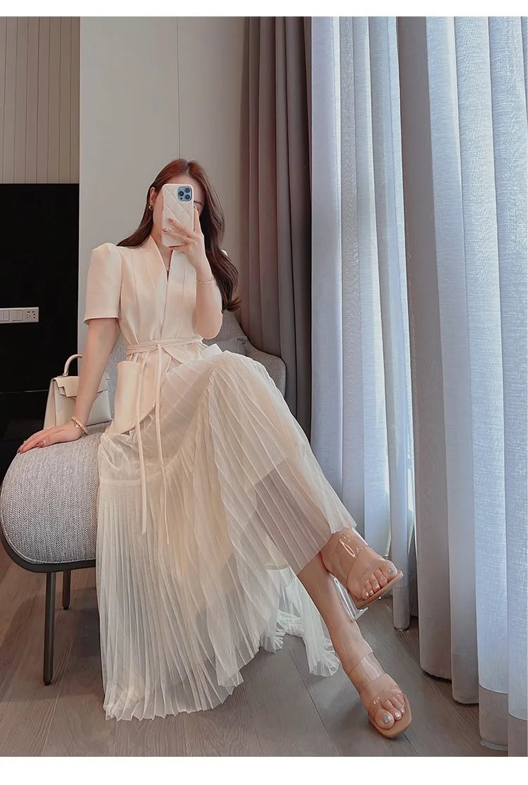 H Han Queen Elegant 2 Piece Office Dress Women Summer Simple Basic A-Line Dresses Short Sleeve Slim Long Casual Party Vestidos