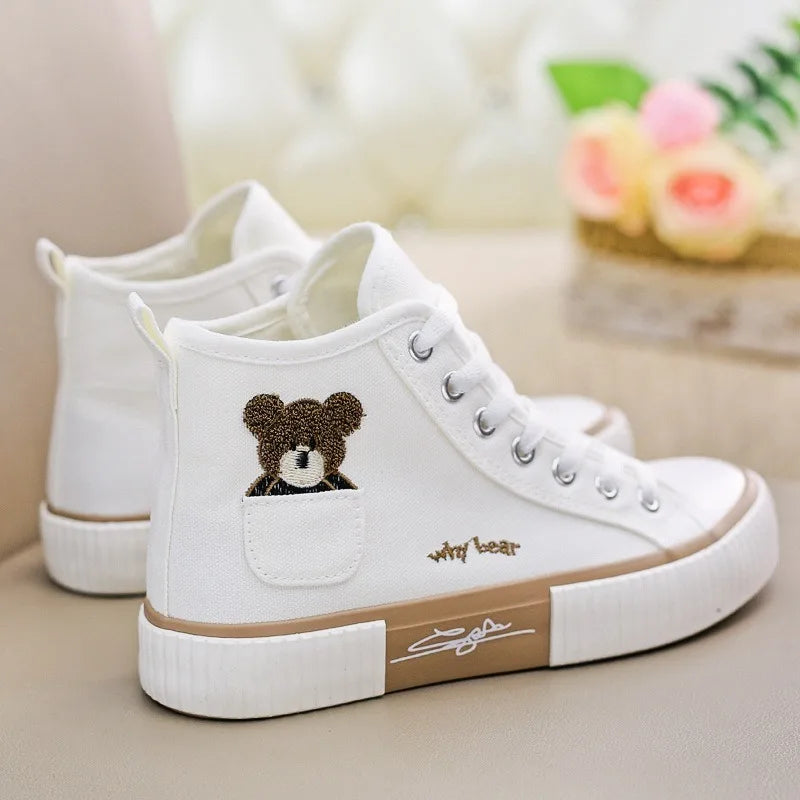 2025 Spring High Top Canvas Sneakers Women Thick Bottom White Shoes Women Casual Board Shoes Canvas Vulcanize Shoes Female