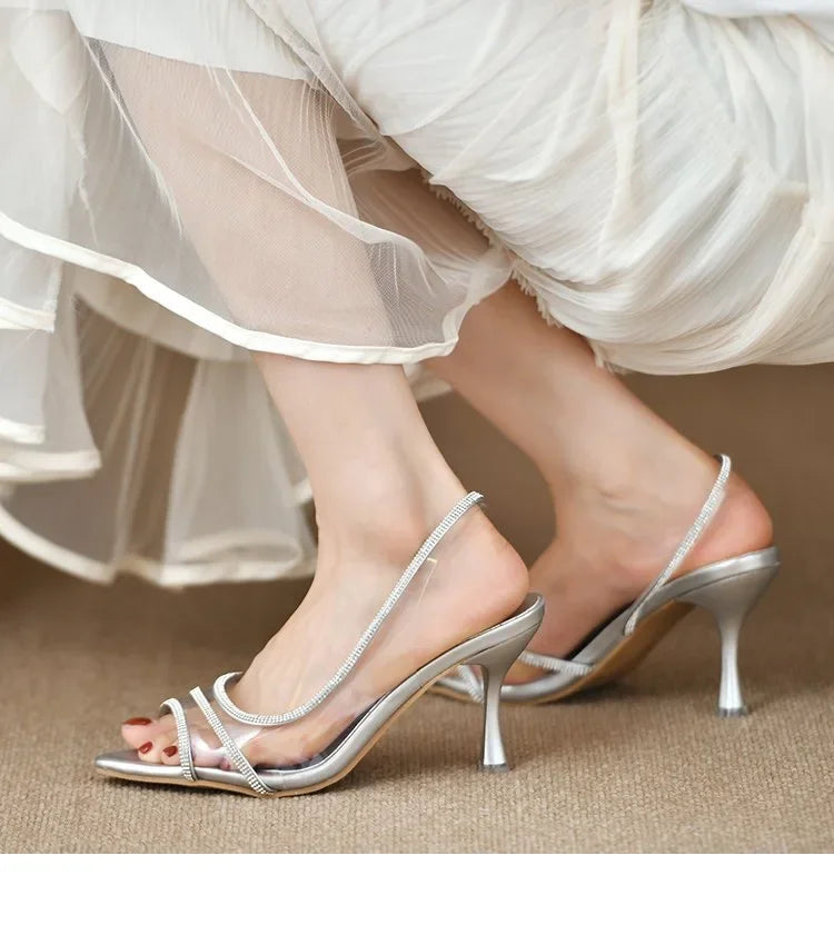 Transparent Water Diamond Women's Sandals Summer 2025 New Style Versatile Fish Mouth Pointed Toe Elegantly Exposed Toe Stiletto