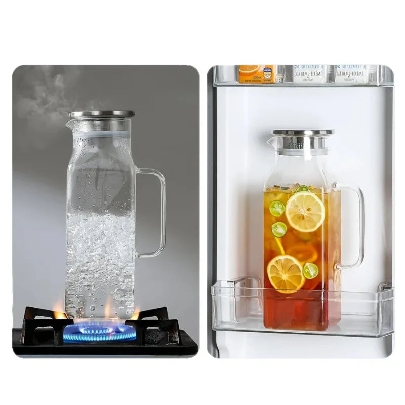 JUSTINLAU 1.2/2L Cold Water Jug High Borosilicate Glass Water Pitcher for Steamed Juice Fruit& Iced Tea Home Kitchen Accessories