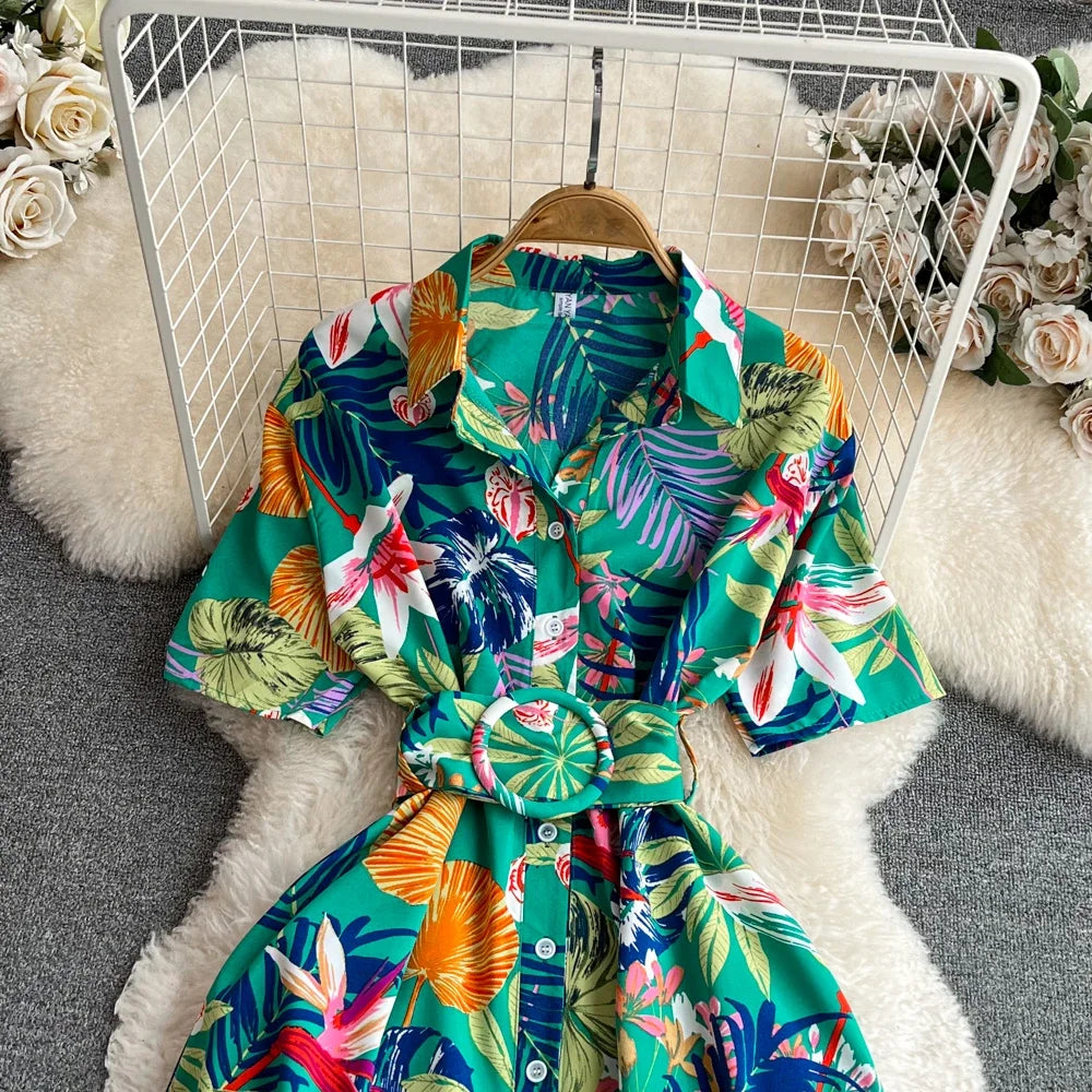 2024 New Summer Women Dress Fashion Print Floral A-line Shirt Dress with Belt Elegant Vintage Off Lady Dress Casual Vestidos