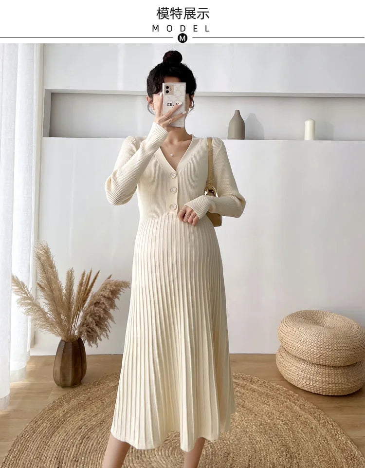 Autumn and Winter Maternity Clothing Long Sleeve V-Neck High Waist Button Fly Pregnancy Knitting Dresses Women Sweaters Knitwear