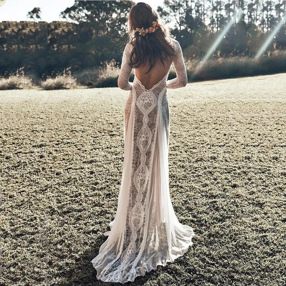 2025 Spring New Women's Celebrity Banquet Wedding Dress Crew Neck Long Sleeve Printed Halter Lace Dress