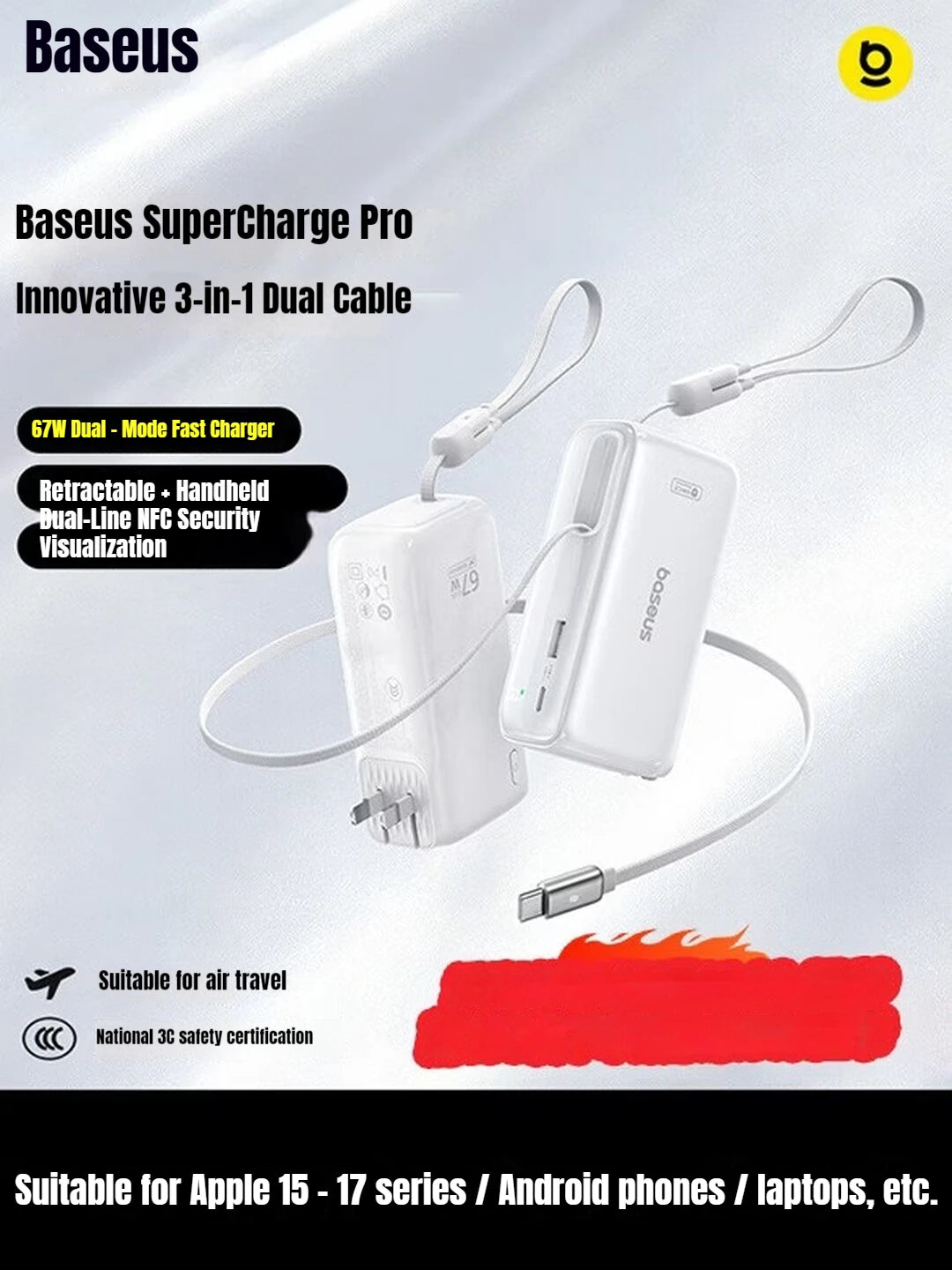 Baseus 67W Pro 3 In 1 Portable Power Bank Retractable Cable Charger 3C Certified Airline Approved For Smartphone 10000mah