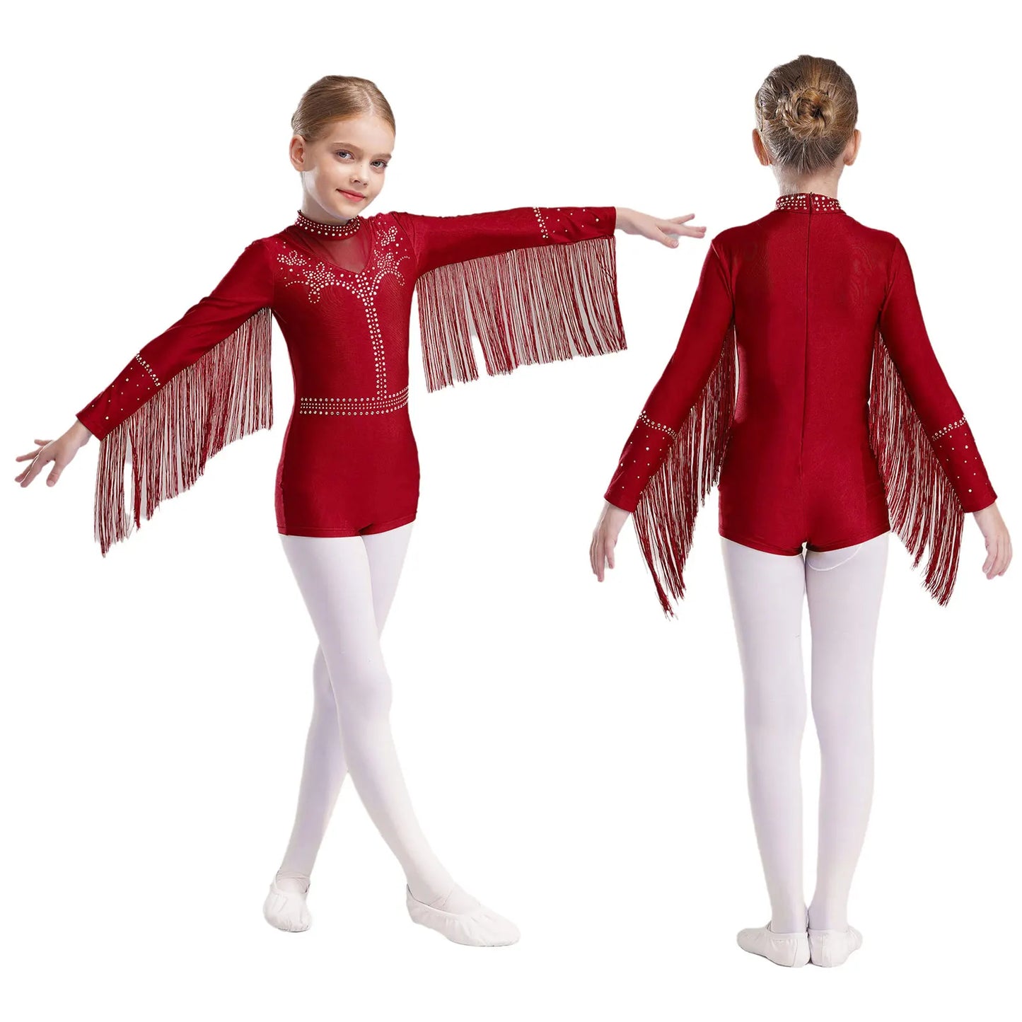 Girls Leotards Jumpsuit for Jazz Latin Skating Competition Costume Tassels Long Sleeve Rhinestones Bodysuit Modern Dancewear