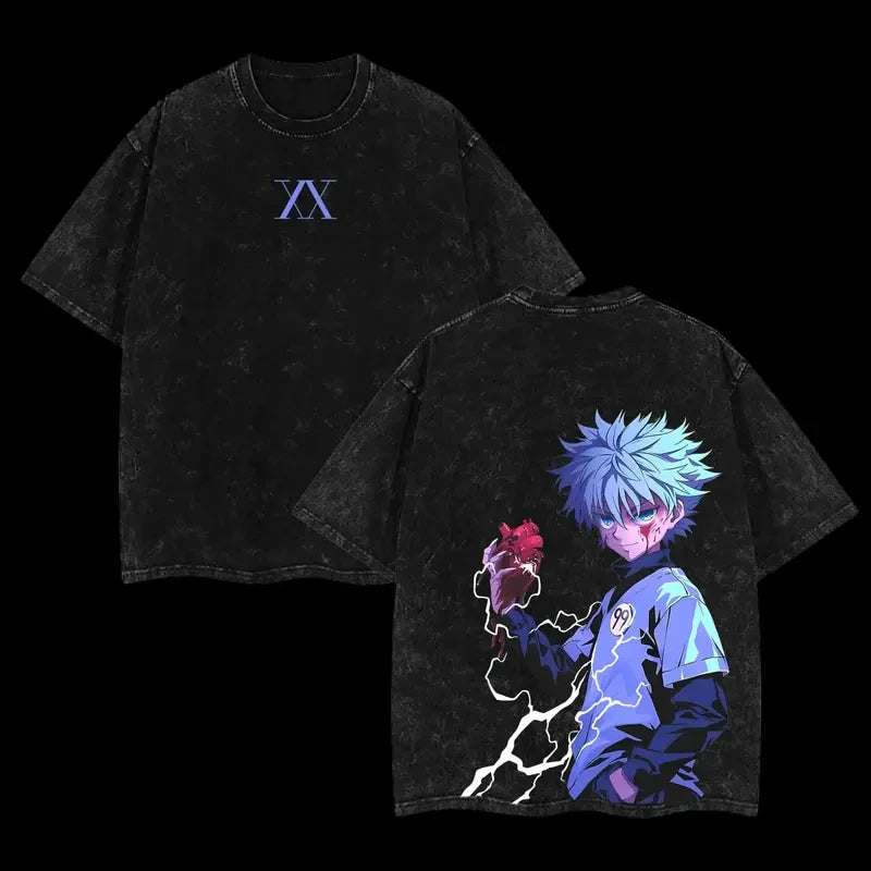 Anime Hunter × Hunter Killua Graphic T Shirt Men Short Sleeve Clothing Casual Cotton Tshirt Vintage Washed T-shirt Harajuku Tops
